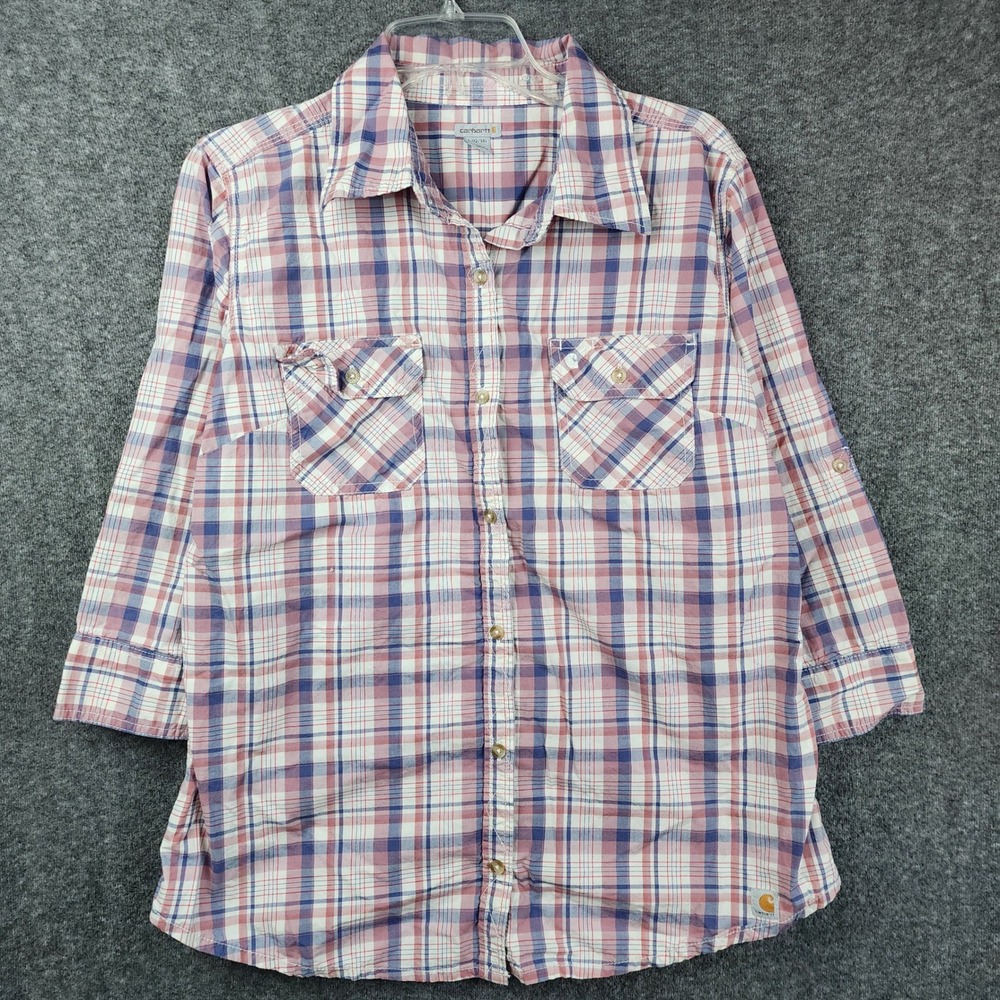 Carhartt Plaid‎ Button Down Shirt Mens L Red Blue Roll Tab Sleeve Workwear